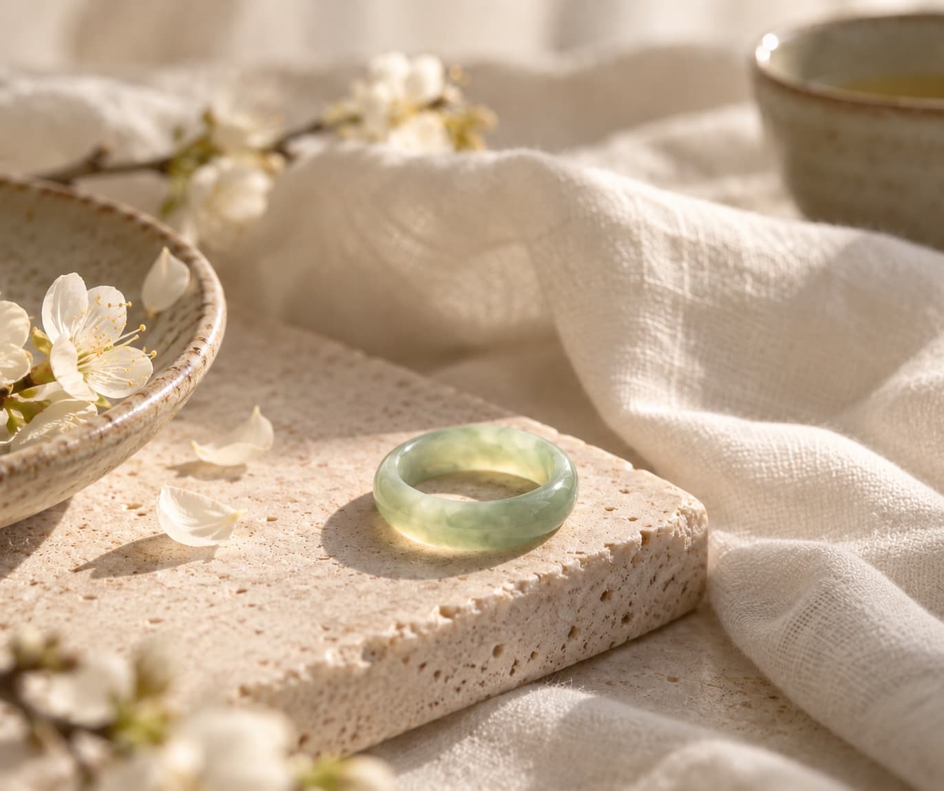 Jade No. 01 auf einem Travertinstein zwischen Kirschblüten